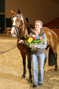Ihr erster selbstgezogener Hengst ist Landeschampion Dance on Top I. Foto: Wego